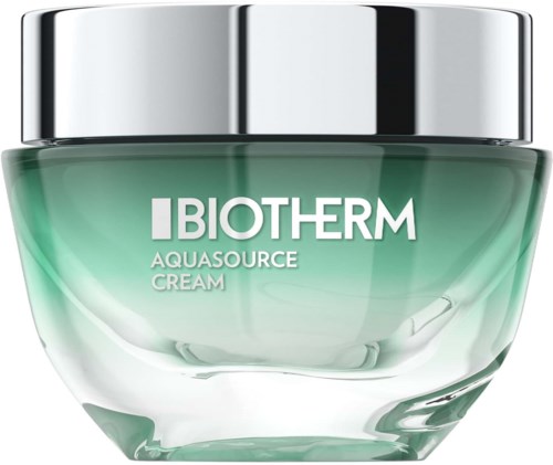 A jar of Biotherm Aquasource cream with a silver lid and green glass container.
