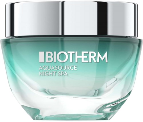 A glass jar of Biotherm Aquasource Night Spa moisturizer with a silver lid and greenish gel inside.