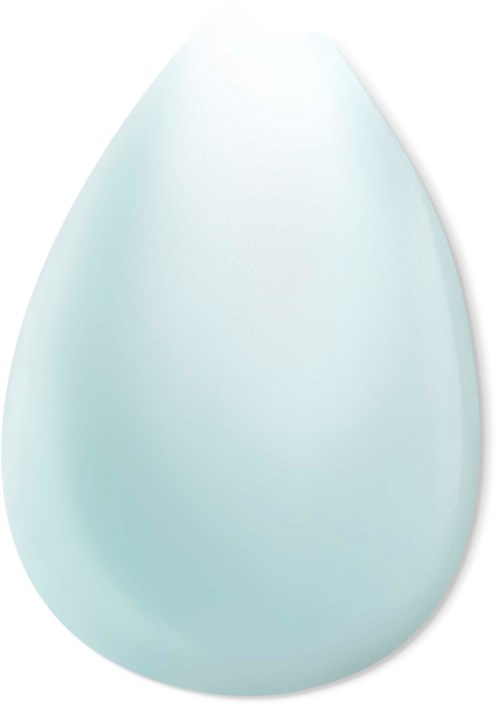 A pale blue and white teardrop-shaped makeup sponge with smooth surface.