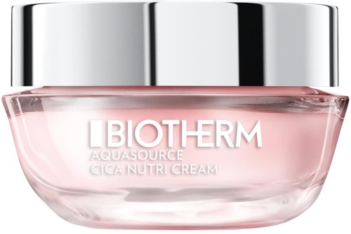 A pink cream jar labeled Biotherm Aquasource Cica Nutri Cream with a shiny silver lid.