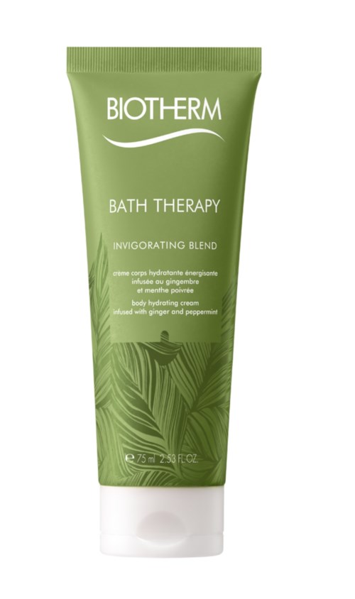 Vihreä putkilopussi Biotherm Bath Therapy – inkivääri ja piparminttu, kasvien kuvio.