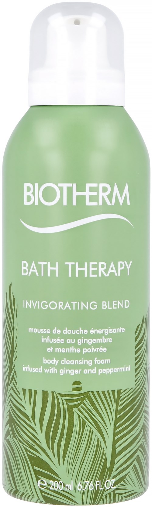 Grön flaska med Biotherm Bath Therapy, doft av ingefära och pepparmynta. Det är ett rengöringsskum. Etiketten visar naturslöv.