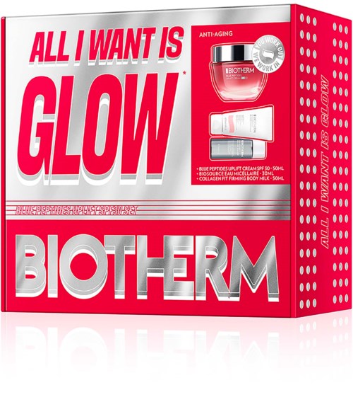 Biotherm hudvårds presentset med anti-aging kräm, kroppsmjölk och liten tub. Klar röd förpackning med fet vit och silver text.
