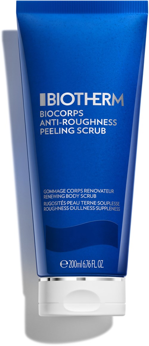 Blå tub märkt Biotherm Biocraps Anti-Roughness Peeling Scrub. Innehåller 200 ml. För hudens jämnhet och förnyelse.