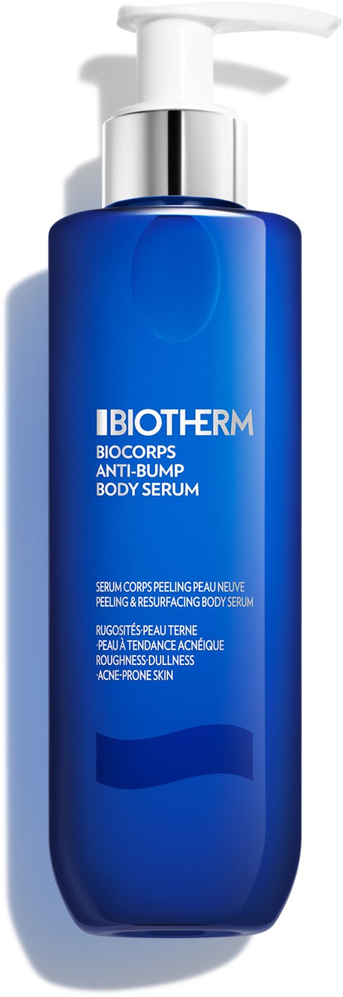 En blå flaska av Biotherm Biocorrect Anti-Bump Body Serum med pump.