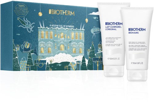 Et luksuriøst hudpleiesett med to Biotherm-produkter og julinspirert emballasje.