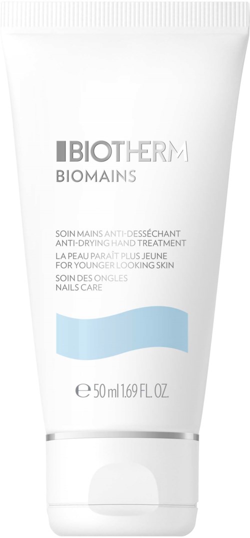 Valkoisen puteli Biotherm-käsivoiteella, sinisessä ja harmaassa tekstissä ja aaltokuviossa, 50 ml kokoinen.