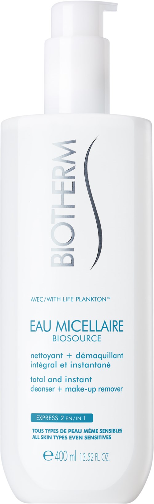 En hvit flaske med Biotherm Eau Micellaire Biosource ansiktsrens og sminkfjerner.