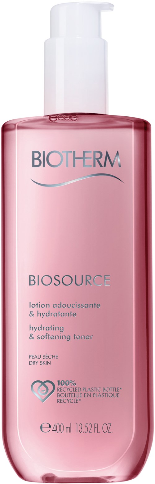 Rosa vätskeflaska med pump, märkt Biotherm Biosource, återfuktande och mjukgörande toner. 400 ml kapacitet.