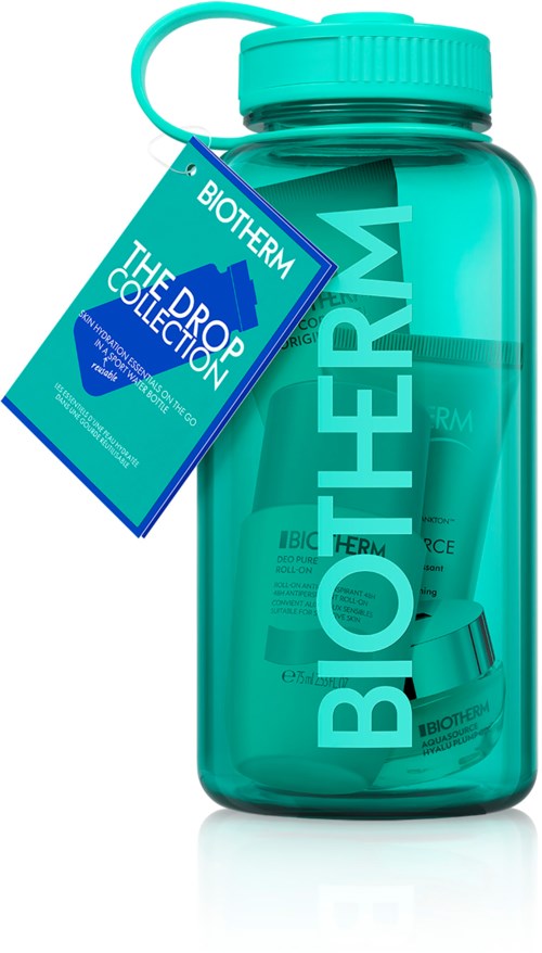 En stor turkisflaske merket "BIOTHERM" med en mindre flaske inni og en merkelapp som sier "THE DROPS COLLECTION."