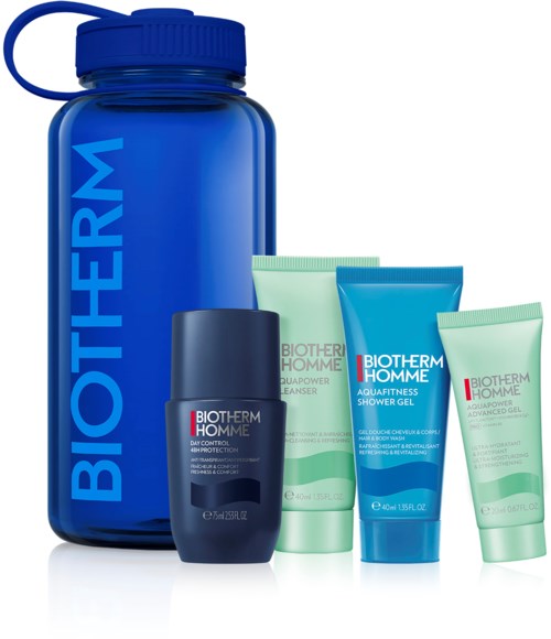 A blue bottle with the word "BIOTHERM" and several smaller tubes of skincare products in front.