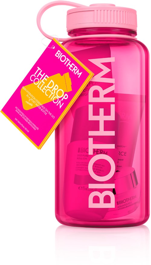 En rosa vattenflaska med en etikett som säger 'Biotherm The Dore Collection'.