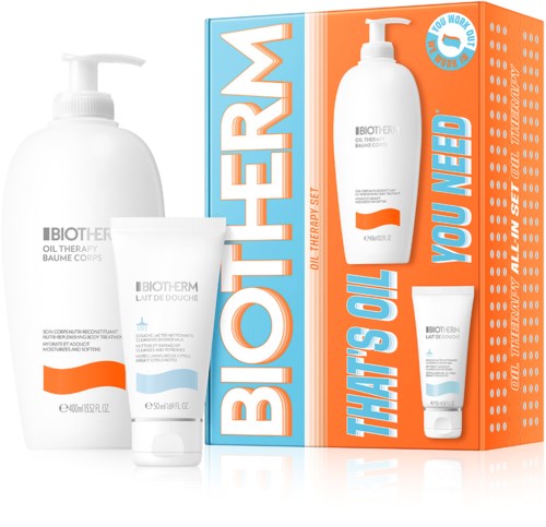 Biotherm oljebehandlingskroppset med pumpflaska och tub, främjar hudnäring och mjukhet.