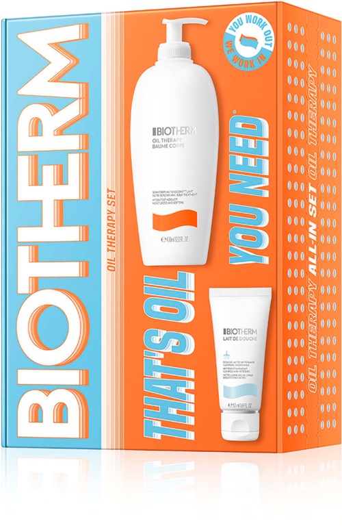 Förpackning med Biotherm hudvårdsprodukter, inklusive en stor vit pumpflaska och en mindre tub, med blå och orange detaljer.