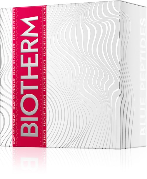 En hvit eske med rosa stripe merket "BIOTHERM" og bølgende grå linjer.
