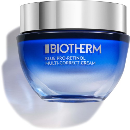 Dette er et blått glass med Biotherm Blue Pro-Re-Tinol multi-korrigeringskrem med sølvlokk.