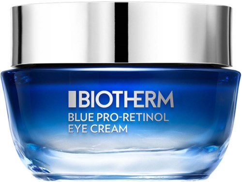 En blå krukke med Biotherm øyekrem og sølvlokk, merket som Blue Pro-Retinol Eye Cream.