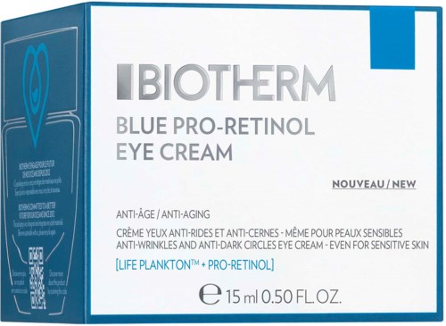 En eske med øyekrem i blått og hvitt, kalt IBIOTHERM BLUE PRO-RETINOL EYE CREAM.