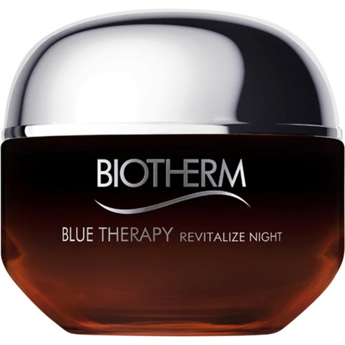 En krukke med Biotherm Blue Therapy Revitalize Night hudpleieprodukt med sølvfarget lokk.