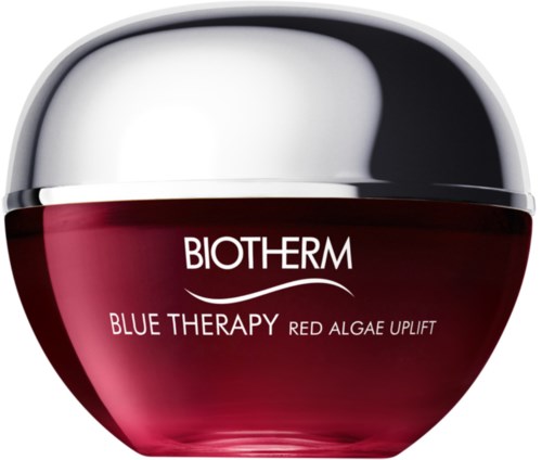 En rund burk med silverlock, röd botten och vit text, visar Biotherm Blue Therapy hudvårdsprodukt.