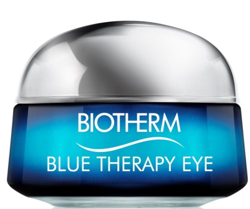 En liten krukke med sølvhette og blå etikett som sier 'BIOTHERM BLUE THERAPY EYE'.