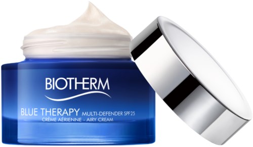 Słoik kremu Biotherm Blue Therapy z srebrnym wieczkiem, pokazujący krem w środku, oznaczony SPF25.