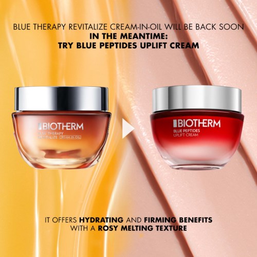 Två burkar med Biotherm-ansiktskräm, en orange och en röd, med text om produktfunktioner och fördelar.