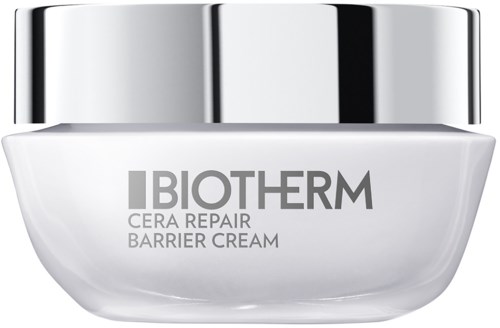 En vit burk med silverlock, markerad Biotherm Cera Repair Barrier Cream för hudskydd.