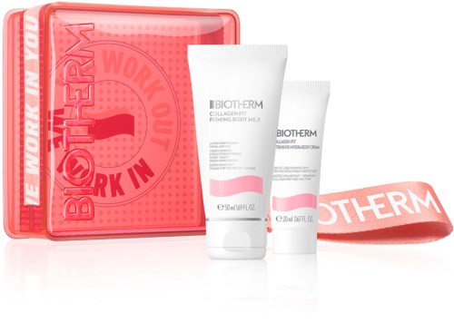 Hudvårdsset med Biotherm-produkter och en rosa väska med motiverande text.