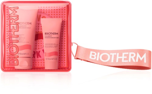 Biotherm hudvårdsset i rosa förpackning med en matchande rem, inklusive tub och burk av produkter.
