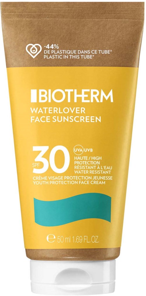 En gul och brun tub med Biotherm Waterlover Face Sunscreen med SPF 30, vattentät och hög skydd för ungdomar.