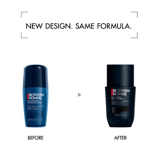 Billedet viser to forskellige Biotherm Homme deodoranter, mærket som før og efter, med ny design men samme formel.