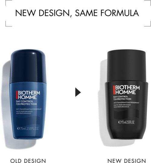 Två deodorantflaskor före och efter designförändring, visar olika färger och etiketter. Formulan är densamma.