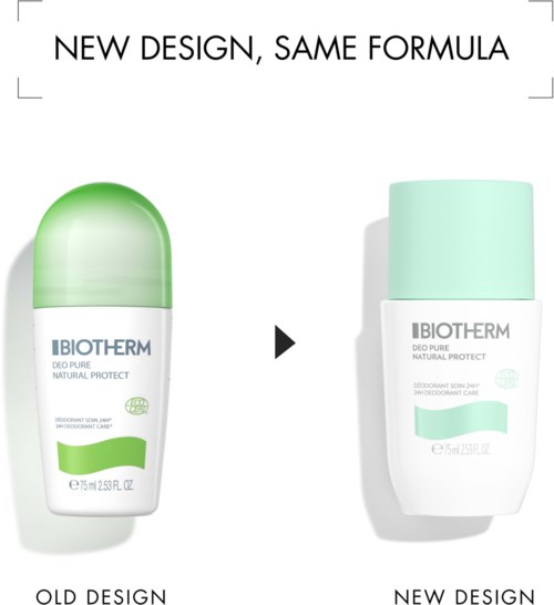 Bildens visar en jämförelse mellan gammal och ny design av en deodorantflaska, med ett mer modernt och stilrent utseende för den nya designen.