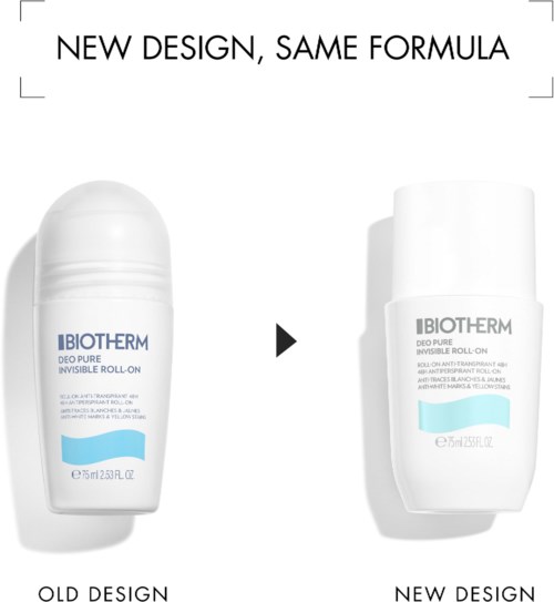 To deodorantbeholdere, gammel og ny design, med tekst som viser endring i design men samme formel.