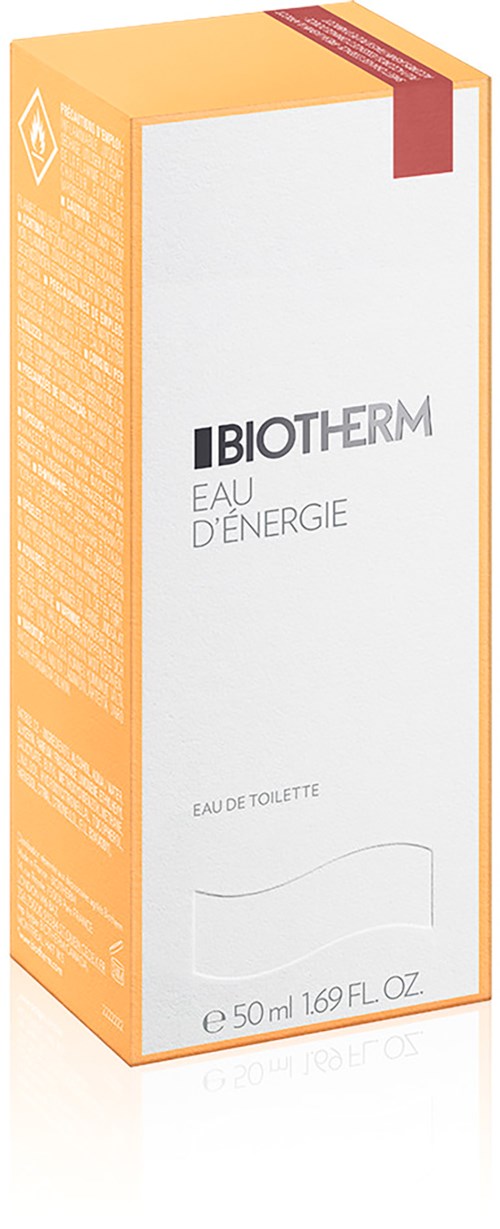 Długi karton w kolorze pomarańczowym i białym, oznaczony Biotherm Eau D'énergie, 50 ml. Wygląda jak opakowanie perfum.