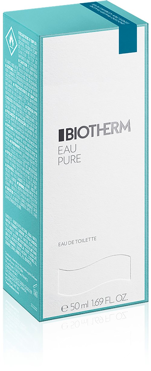 Eine lange, türkise und weiße Verpackung mit Produktinformationen, Beschriftung Biotherm Eau Pure, 50 ml, eau de toilette.