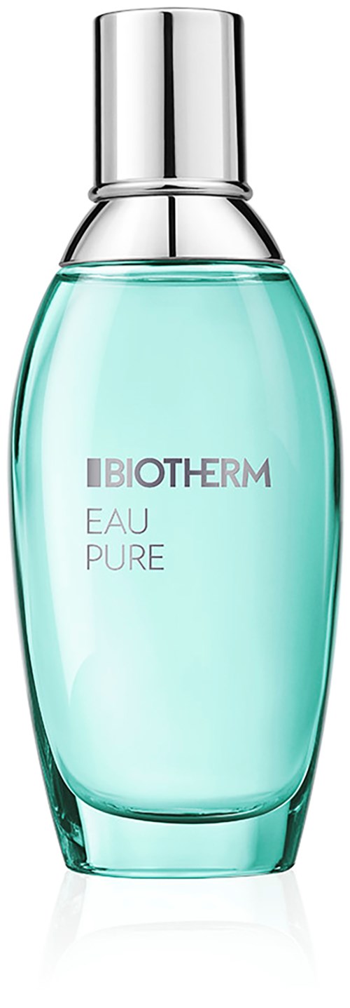 En glasflaska med Biotherm Eau Pure-parfym med en silverkapsel, fylld med ljusblå vätska.