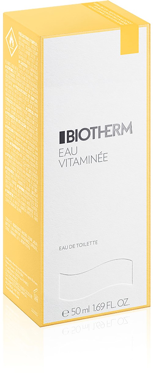 En vit och gul box med Biotherm Eau Vitaminée parfym inuti, visar varumärkesnamn och flöjstorlek.