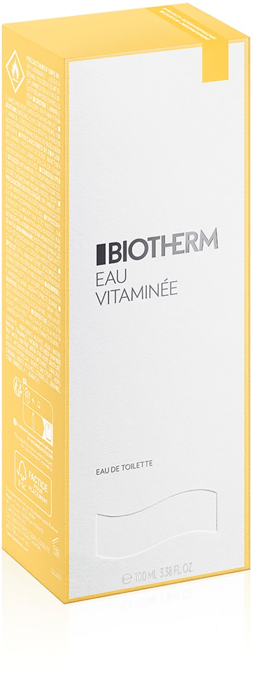 En lång vit box med gula detaljer som visar etiketten 'Biotherm Eau Vitaminee' och 'Eau de Toilette', med lite text och symboler.
