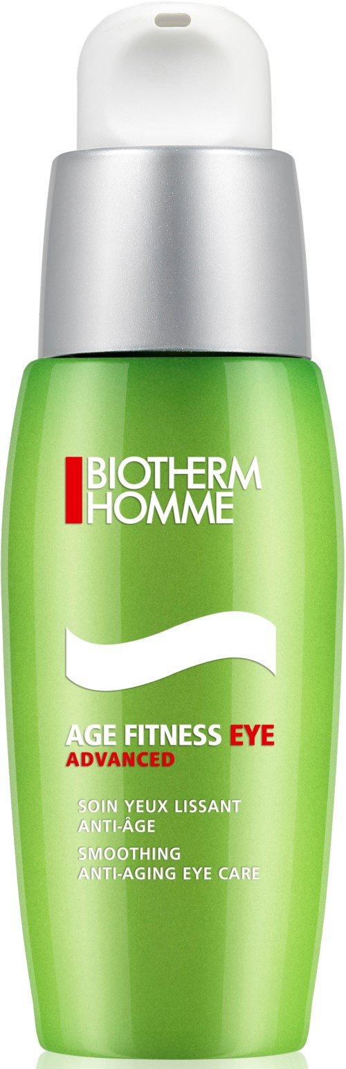 Vihreä pullo miehen silmänympärysvoiteelle, valkoinen ja hopea pumppu, merkki Biotherm Homme Age Fitness Eye Advanced.