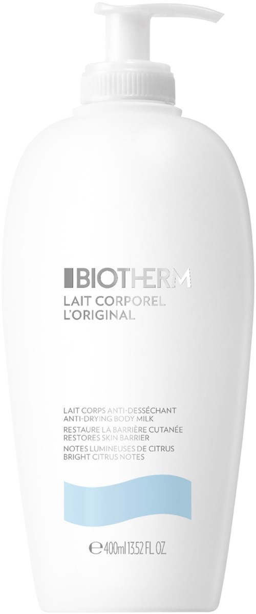 White bottle with pump, labeled Biotherm anti-drying body milk, mentions citrus notes and bright citrus notes.