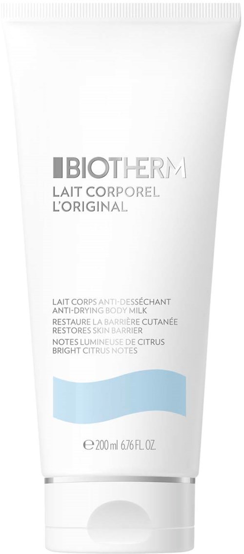 En hvit tube med Biotherm Lait Corps anti-uttørkende kroppsmilk med blå bølge-design og produktdetaljer.
