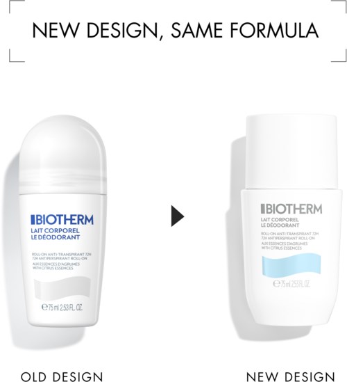 Biotherm deodorantflaske med gammel og ny design, viser en endring i utseende.