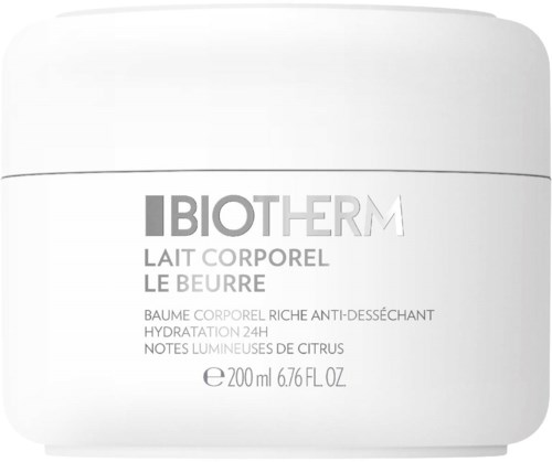 Pojemnik z kremem do ciała Biotherm, oznaczony po francusku, 200 ml, wspomina o zapachu cytrusowym i nawilżeniu.