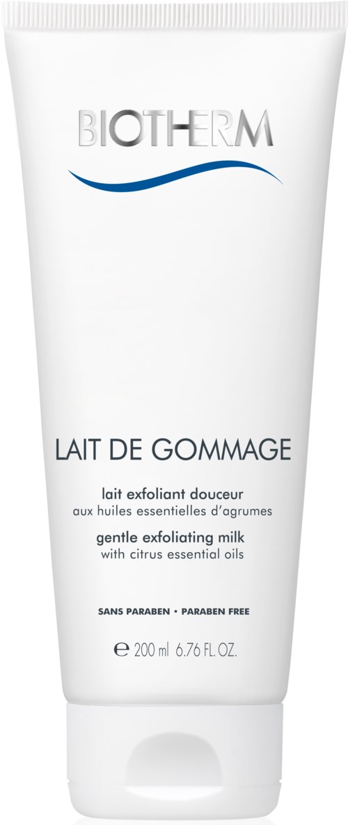 En hvit tube med Biotherm mild eksfolierende melk med sitrus essensielle oljer, parabenfri, 200 ml, for hudpleie.