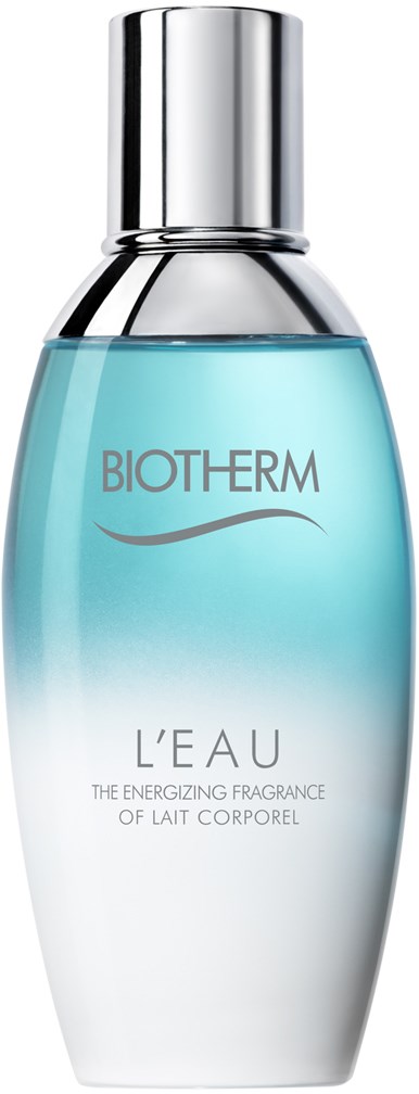 En flaske med blå væske, sølvhette, merket 'BIOTHERM L'EAU' for kroppslukt.