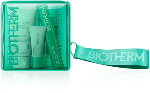Biotherm hudvårdsset i en turkos låda med en tub och två små flaskor, och ett matchande handledsband.