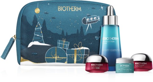Biotherm ihonhoitotuotesetti juhlamuotosessa pussissa, pulloissa ja rasioissa.