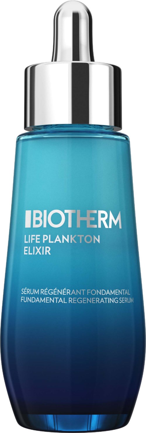 Eine blaue Flasche mit silberner Pipettenkappe, beschriftet 'BIOTHERM LIFE PLANKTON ELIXIR' für Hautpflege.